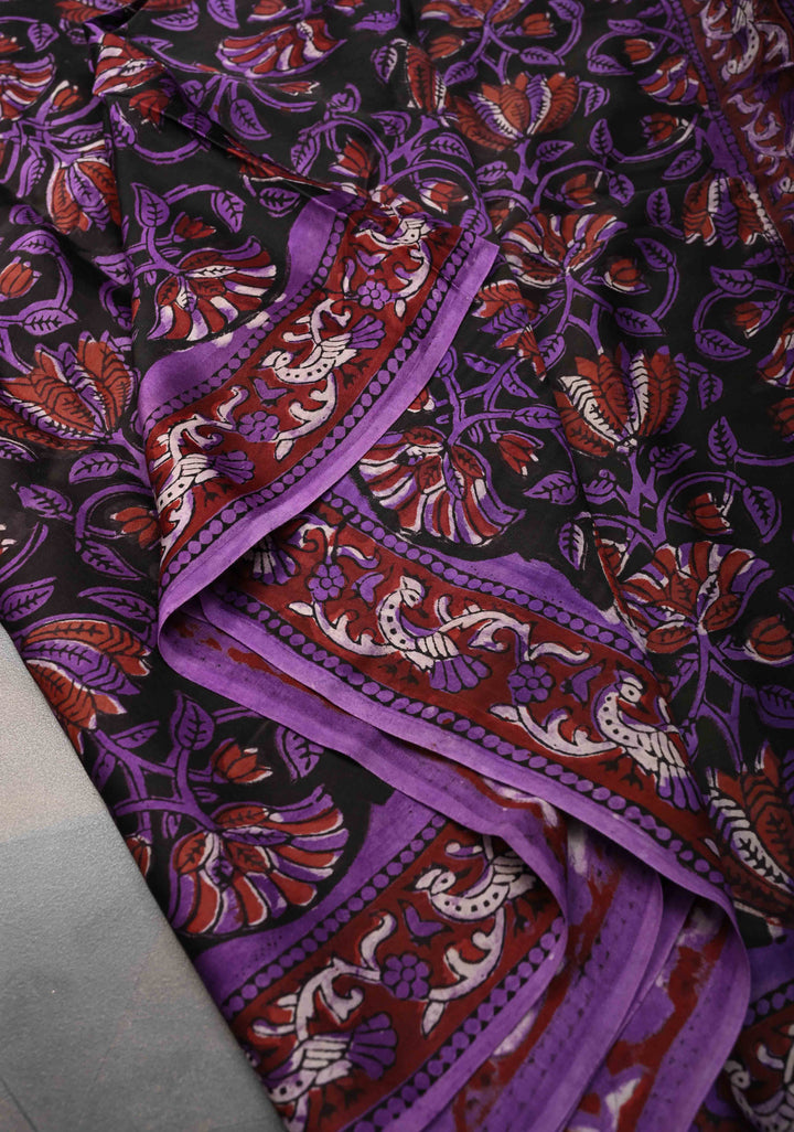 Purple Brown Modal Silk Saree with Vanaspati Floral Hand Block Print