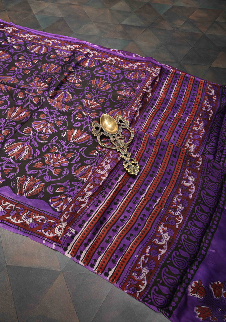 Purple Brown Modal Silk Saree with Vanaspati Floral Hand Block Print