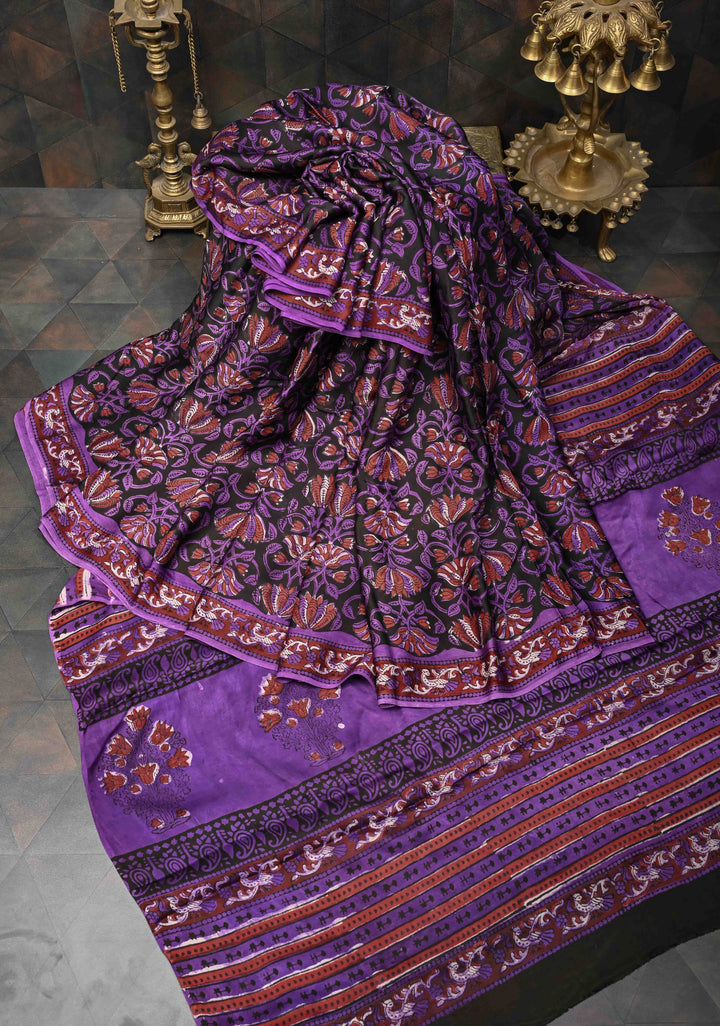 Purple Brown Modal Silk Saree with Vanaspati Floral Hand Block Print