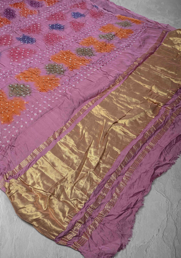 Pink Hand Dye with bandhni design on Modal Silk Saree with crushed Pallu