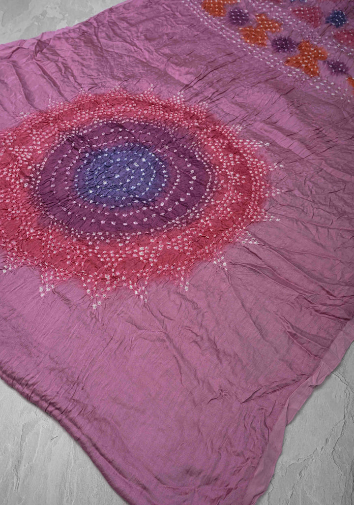 Pink Hand Dye with bandhni design on Modal Silk Saree with crushed Pallu