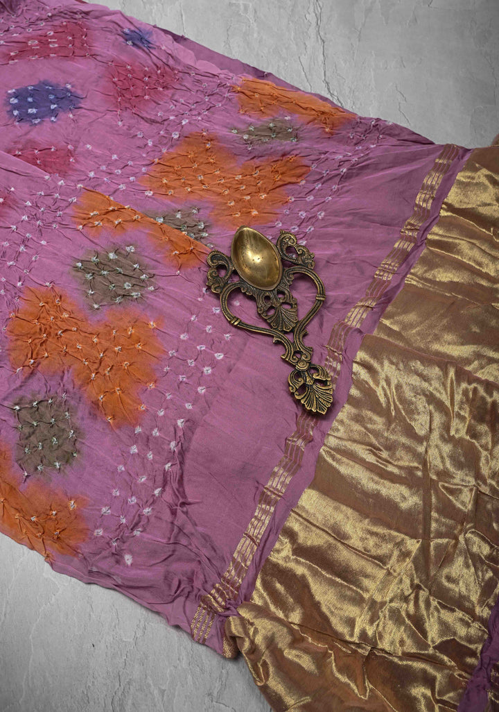 Pink Hand Dye with bandhni design on Modal Silk Saree with crushed Pallu