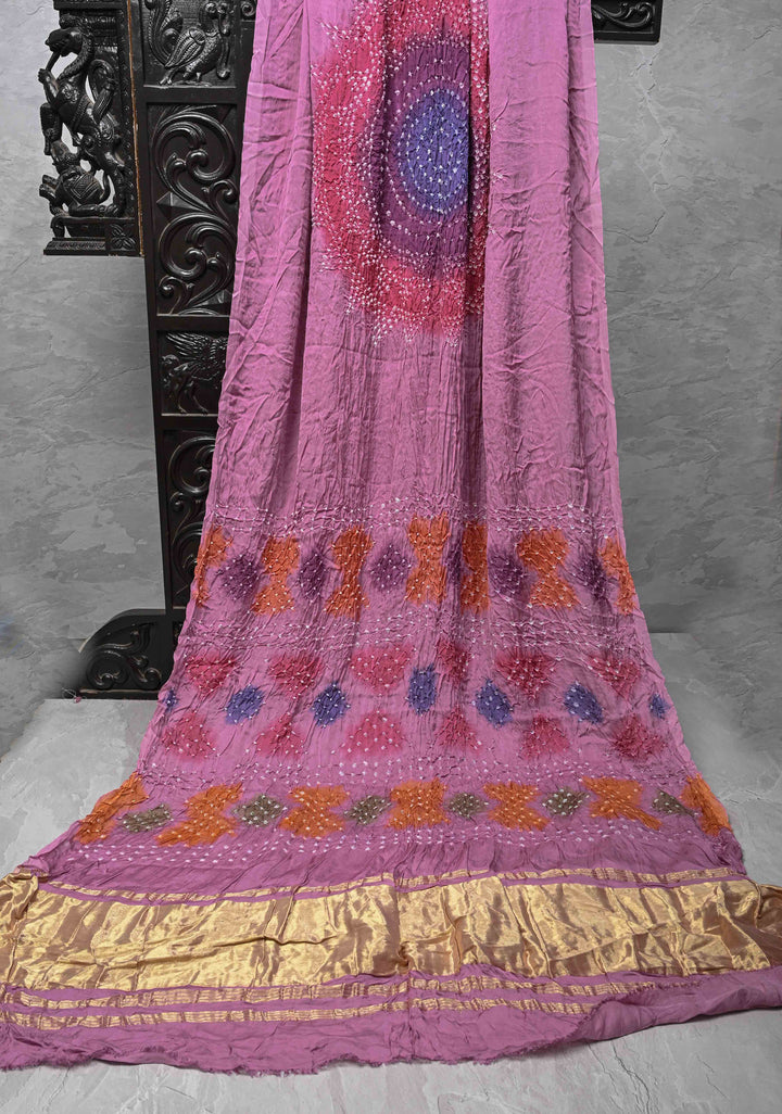 Pink Hand Dye with bandhni design on Modal Silk Saree with crushed Pallu