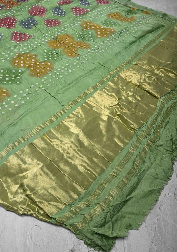 Tea Green Hand Shibori mandala Dye and bandhej design on Modal Silk Saree with crushed Pallu