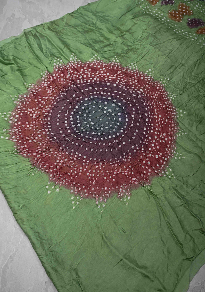 Tea Green Hand Shibori mandala Dye and bandhej design on Modal Silk Saree with crushed Pallu