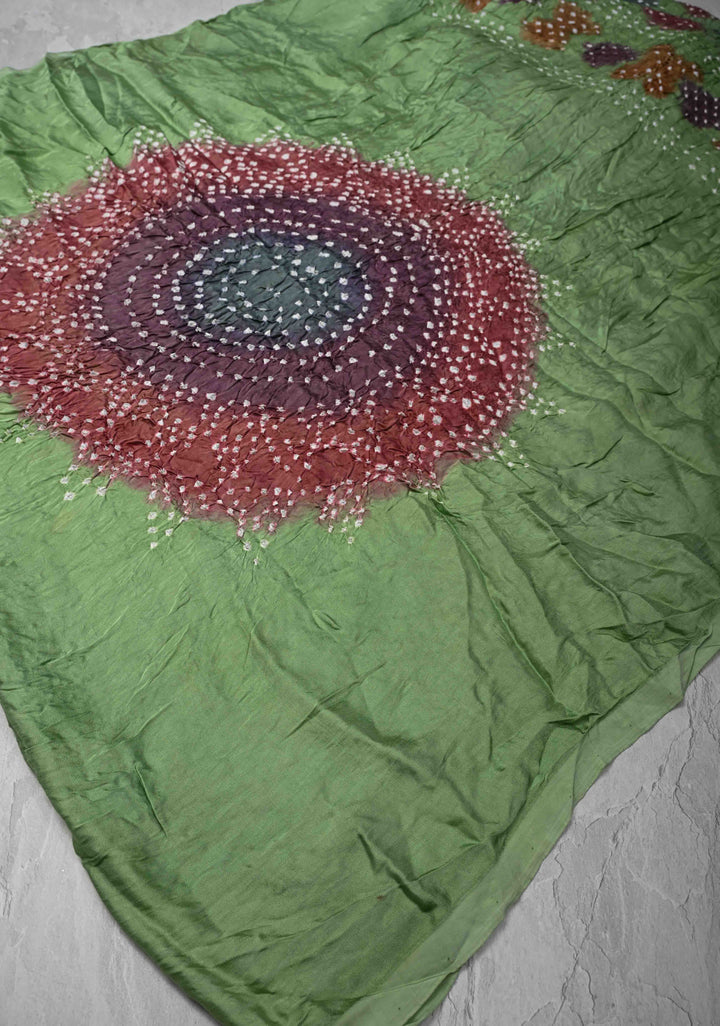 Tea Green Hand Shibori mandala Dye and bandhej design on Modal Silk Saree with crushed Pallu