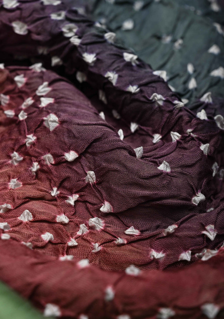 Tea Green Hand Shibori mandala Dye and bandhej design on Modal Silk Saree with crushed Pallu