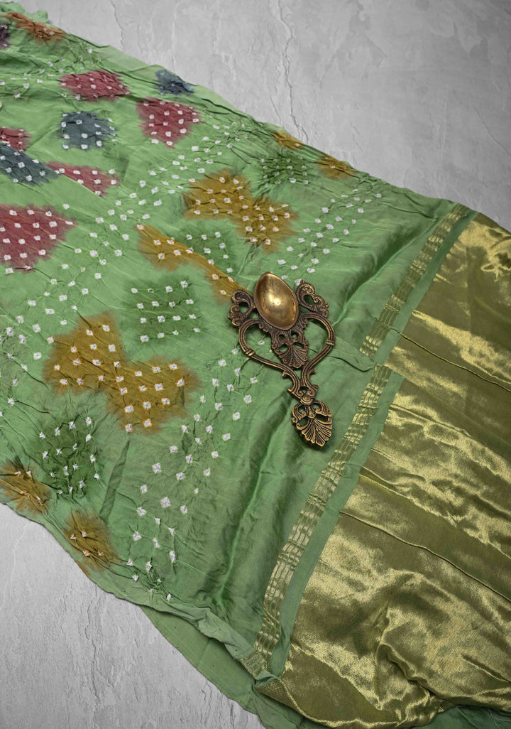 Tea Green Hand Shibori mandala Dye and bandhej design on Modal Silk Saree with crushed Pallu