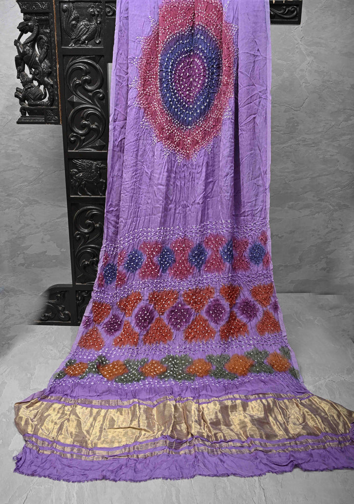 Periwinkle Purple Hand Shibori mandala Dye and bandhej design on Modal Silk Saree with crushed Pallu
