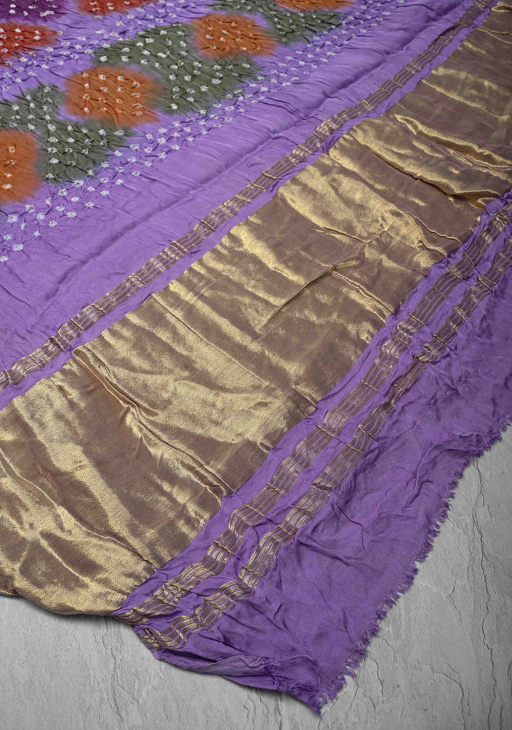 Periwinkle Purple Hand Shibori mandala Dye and bandhej design on Modal Silk Saree with crushed Pallu