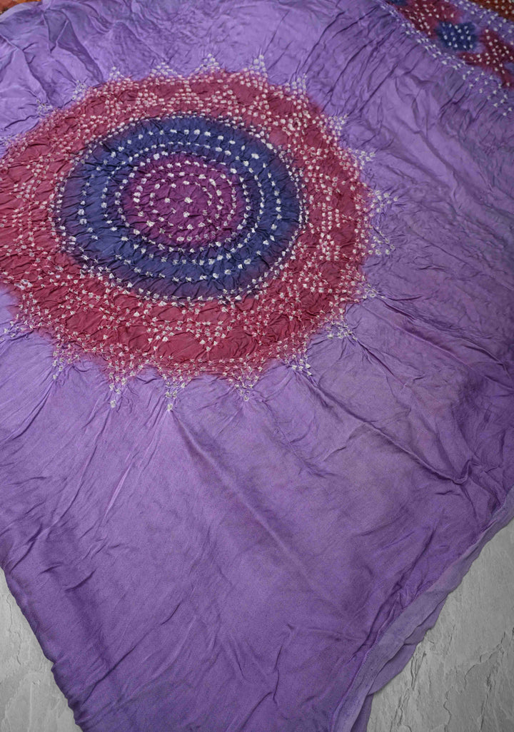 Periwinkle Purple Hand Shibori mandala Dye and bandhej design on Modal Silk Saree with crushed Pallu