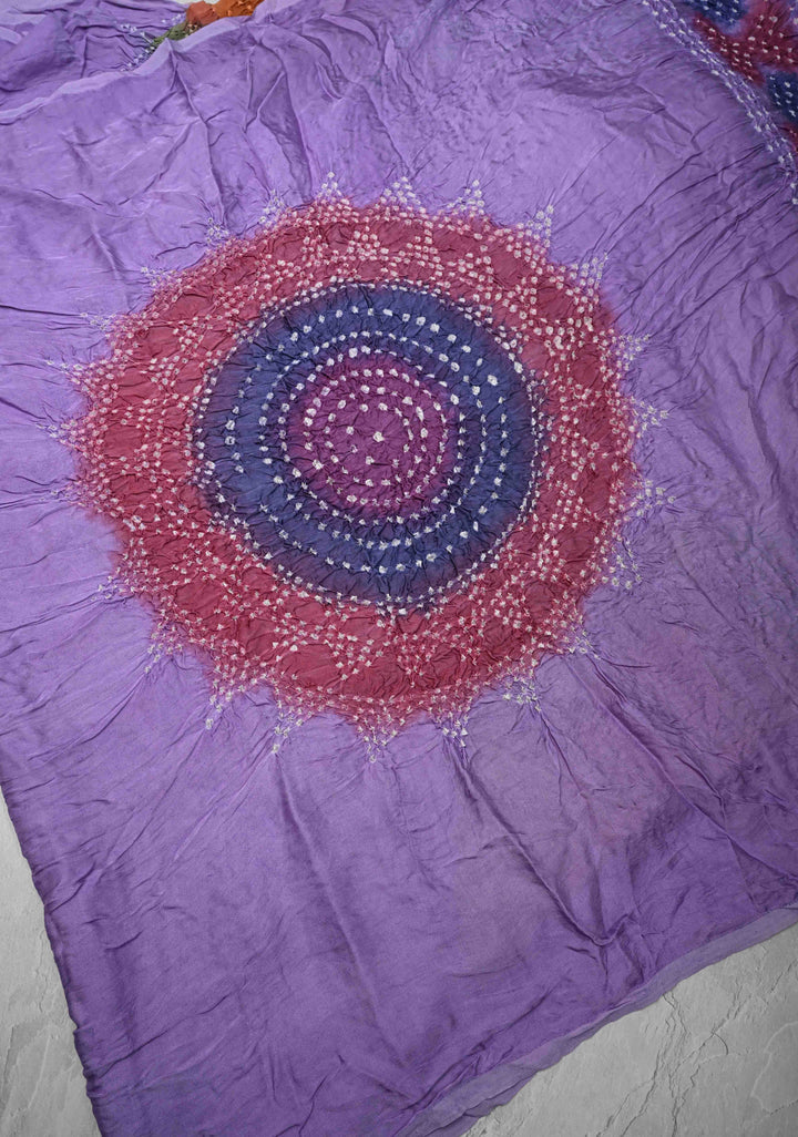 Periwinkle Purple Hand Shibori mandala Dye and bandhej design on Modal Silk Saree with crushed Pallu