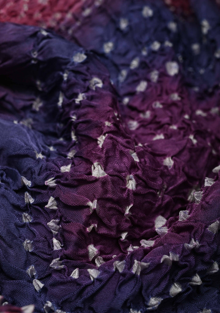 Periwinkle Purple Hand Shibori mandala Dye and bandhej design on Modal Silk Saree with crushed Pallu