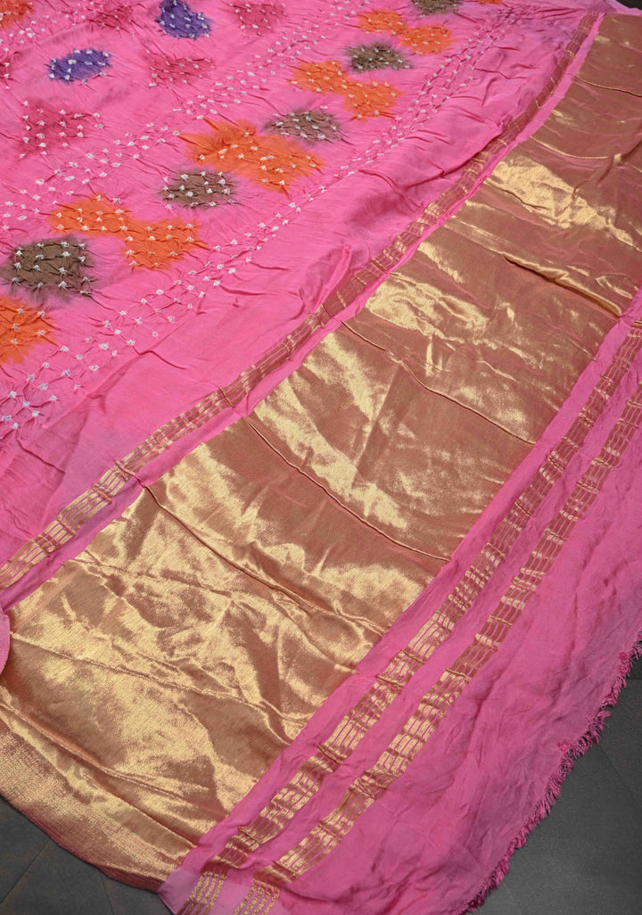 Pink Hand Dye with bandhni design on Modal Silk Saree with crushed Pallu