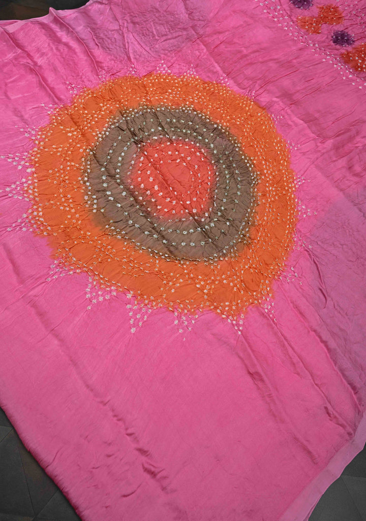Pink Hand Dye with bandhni design on Modal Silk Saree with crushed Pallu