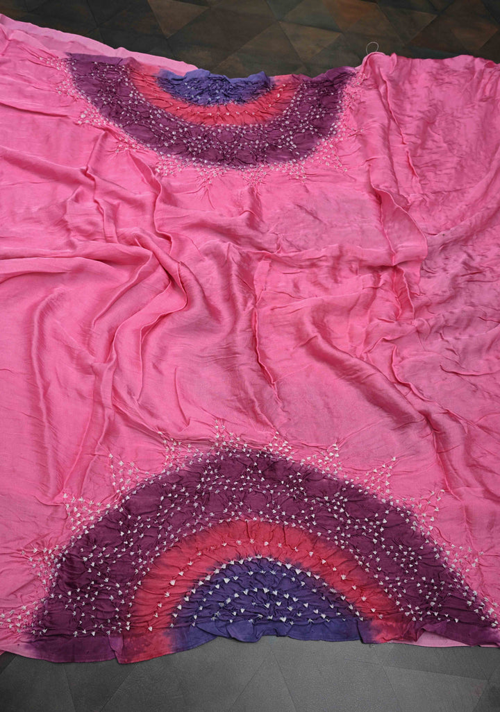 Pink Hand Dye with bandhni design on Modal Silk Saree with crushed Pallu