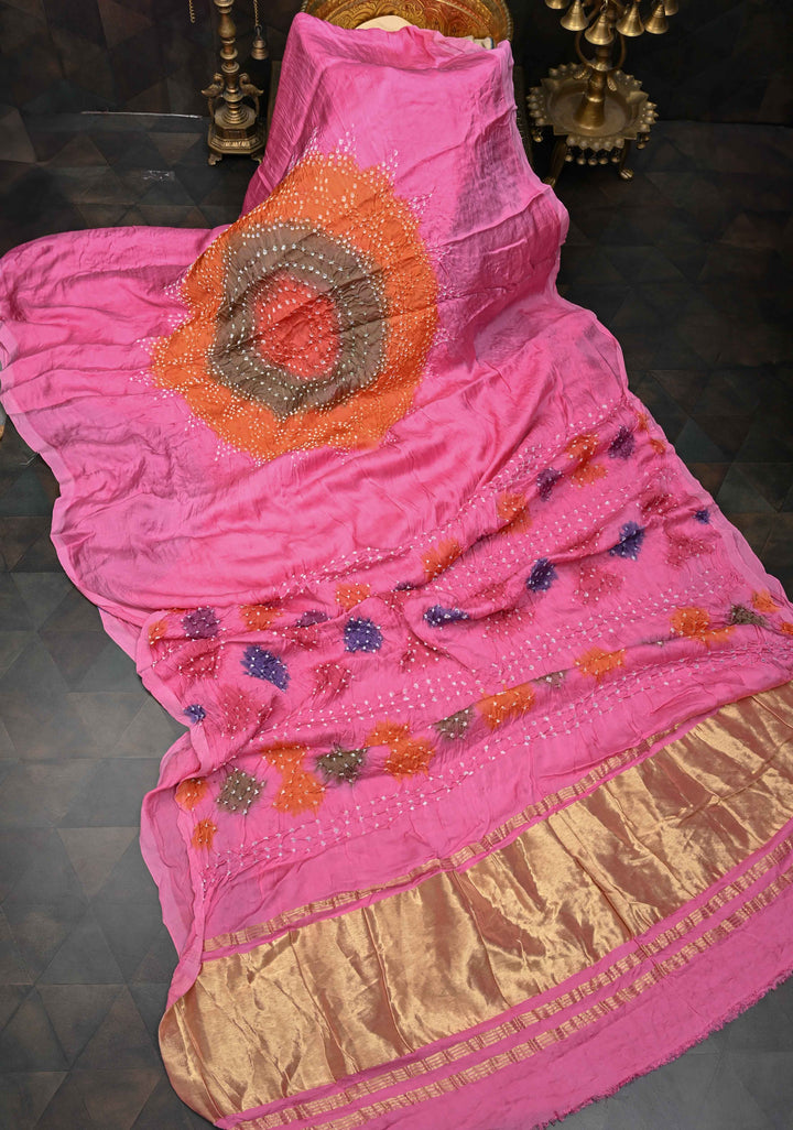 Pink Hand Dye with bandhni design on Modal Silk Saree with crushed Pallu