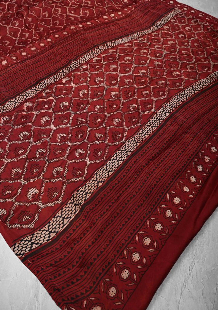 Brick Red Ajrakh Hand Block Print on Modal Silk Saree with Moroccan Trellis Pattern