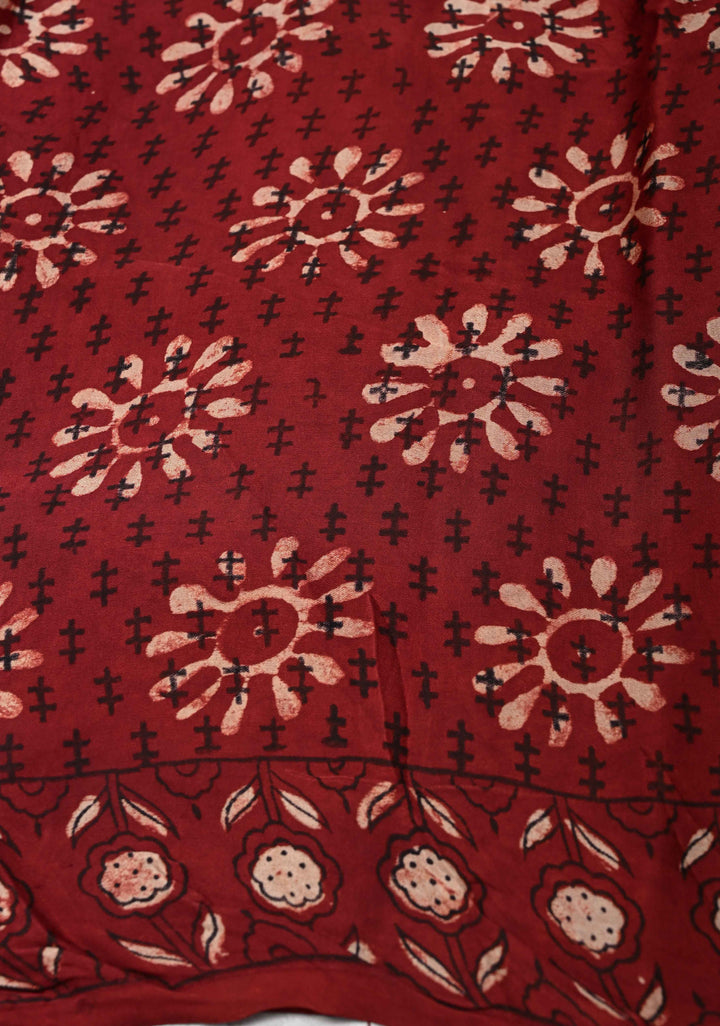 Brick Red Ajrakh Hand Block Print on Modal Silk Saree with Moroccan Trellis Pattern