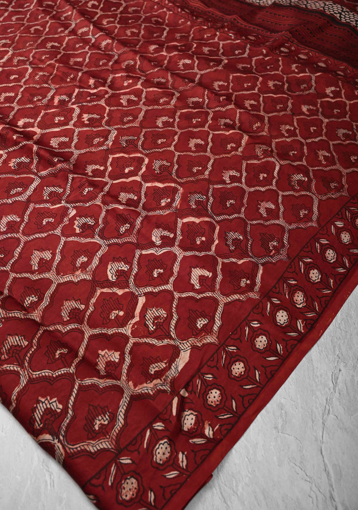 Brick Red Ajrakh Hand Block Print on Modal Silk Saree with Moroccan Trellis Pattern