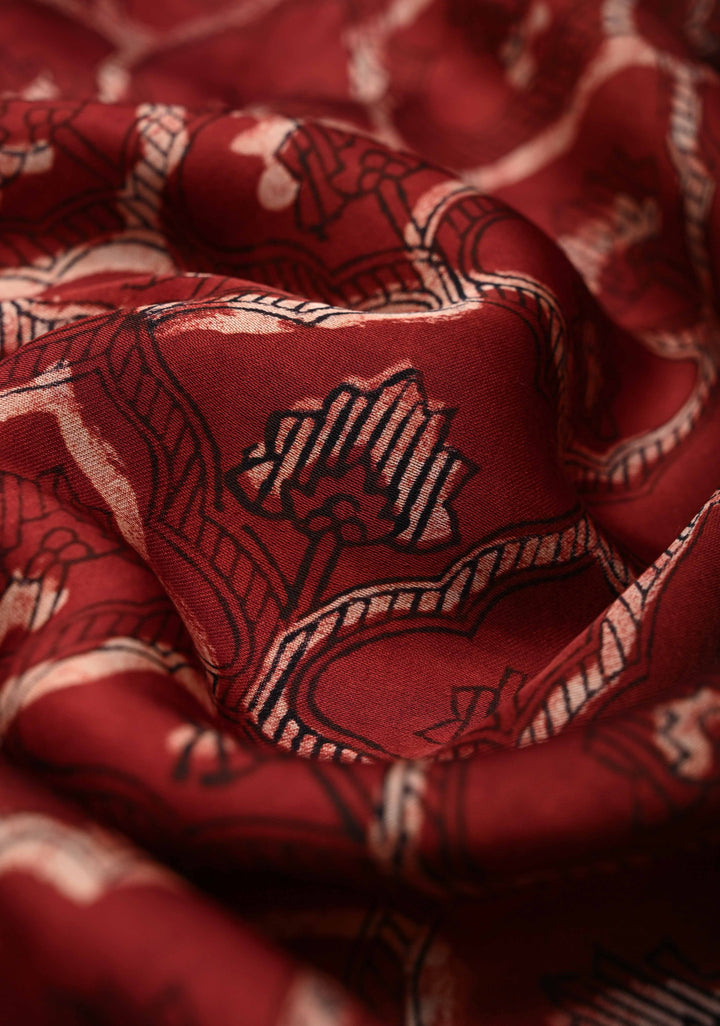 Brick Red Ajrakh Hand Block Print on Modal Silk Saree with Moroccan Trellis Pattern