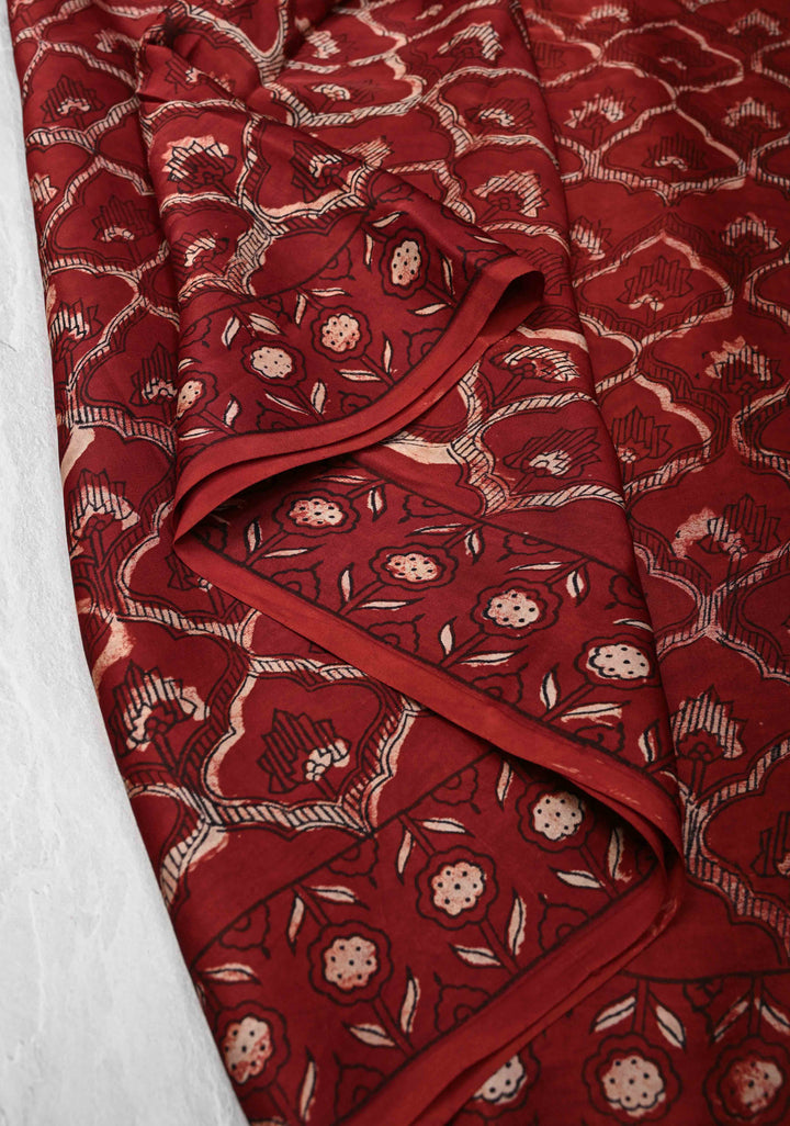 Brick Red Ajrakh Hand Block Print on Modal Silk Saree with Moroccan Trellis Pattern