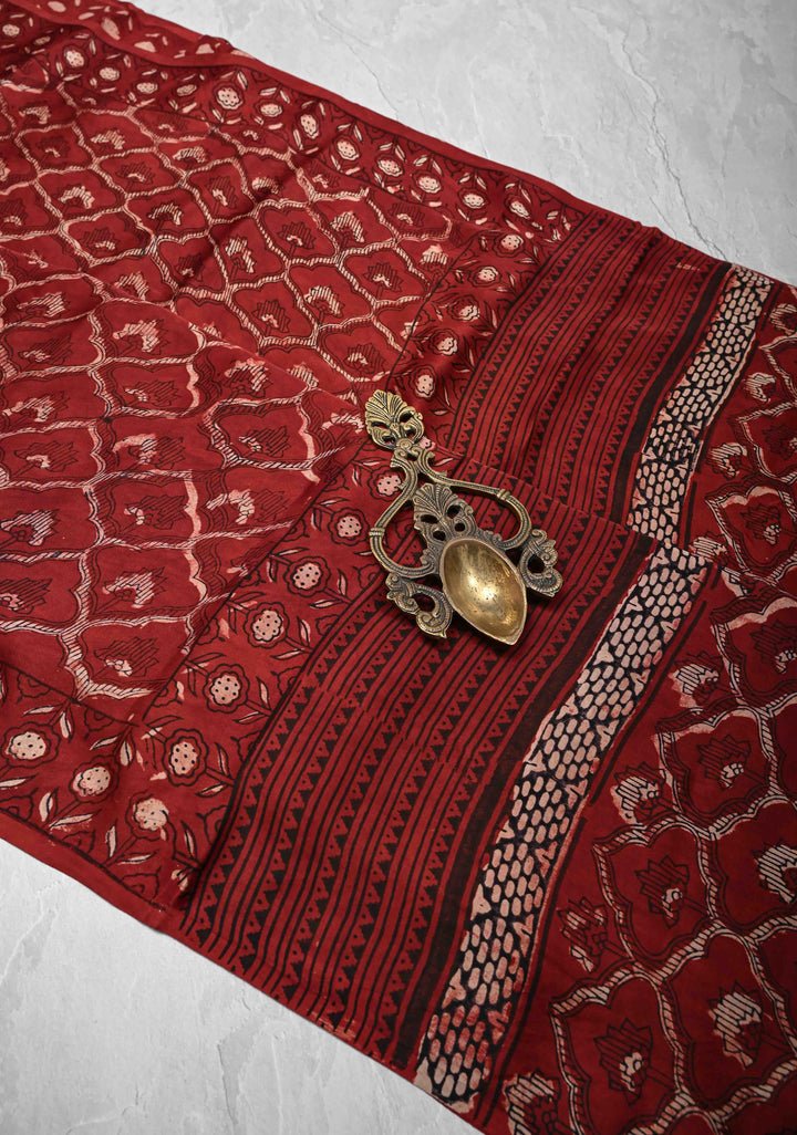 Brick Red Ajrakh Hand Block Print on Modal Silk Saree with Moroccan Trellis Pattern