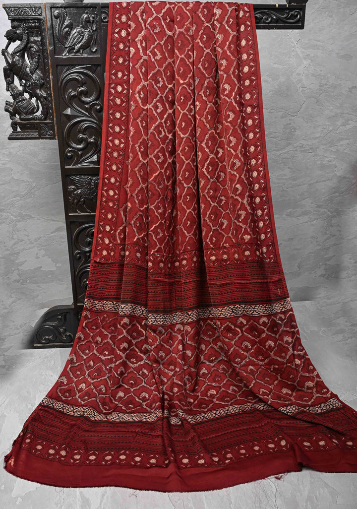 Brick Red Ajrakh Hand Block Print on Modal Silk Saree with Moroccan Trellis Pattern