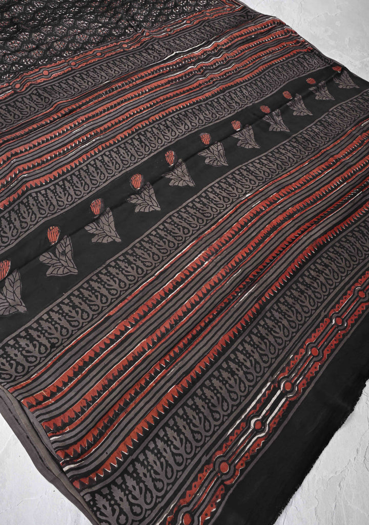Black Ajrakh Hand Block Print on Modal Silk Saree with Floral Pattern