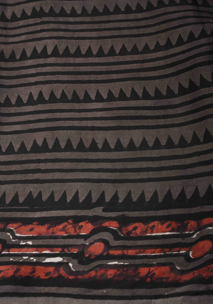 Black Ajrakh Hand Block Print on Modal Silk Saree with Floral Pattern