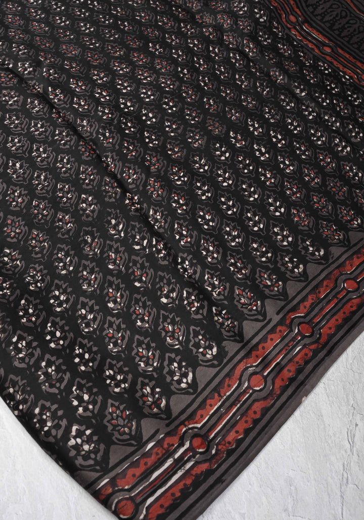 Black Ajrakh Hand Block Print on Modal Silk Saree with Floral Pattern