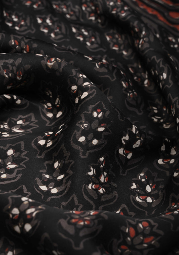 Black Ajrakh Hand Block Print on Modal Silk Saree with Floral Pattern