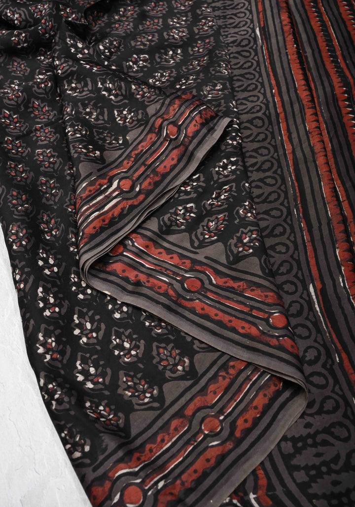 Black Ajrakh Hand Block Print on Modal Silk Saree with Floral Pattern