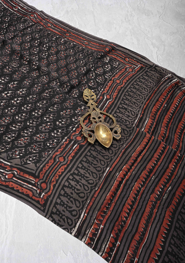 Black Ajrakh Hand Block Print on Modal Silk Saree with Floral Pattern