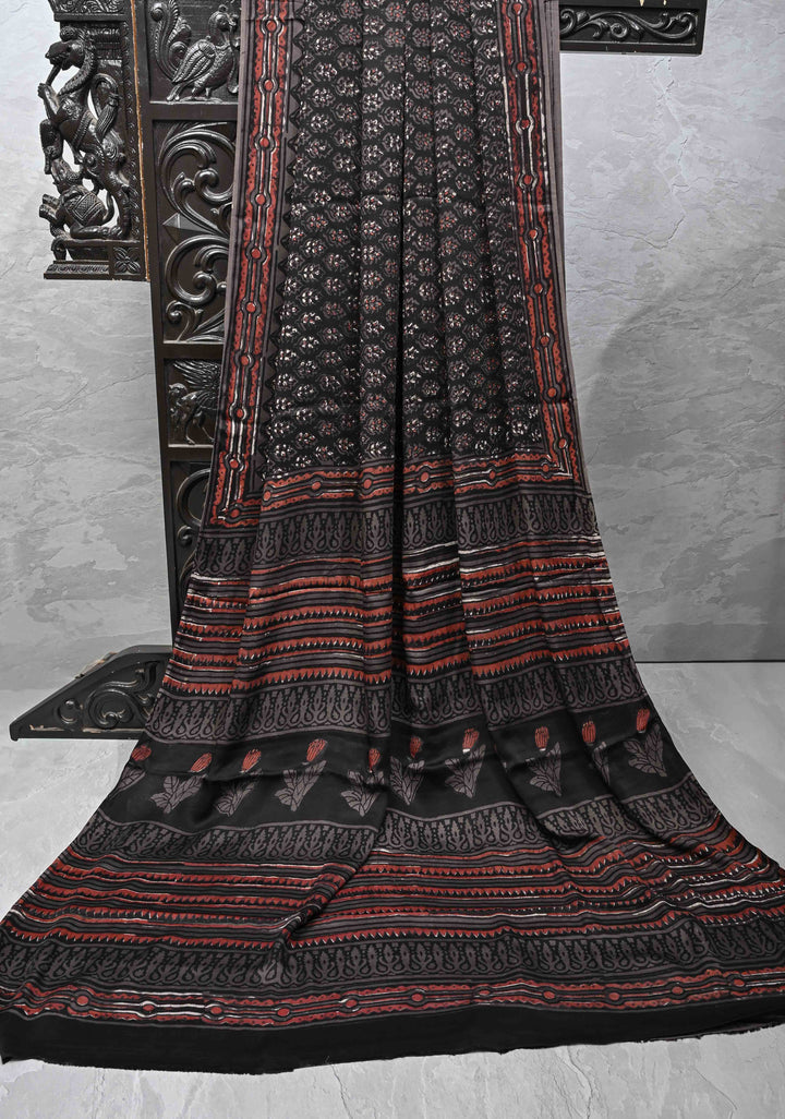Black Ajrakh Hand Block Print on Modal Silk Saree with Floral Pattern