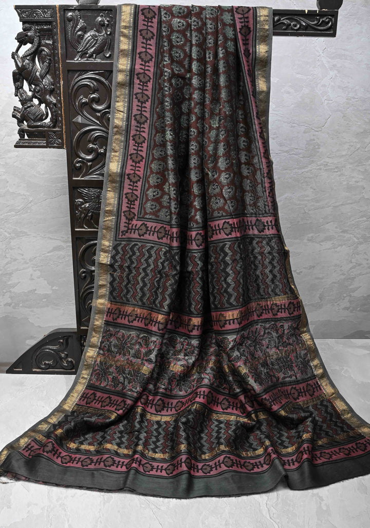 Coco Brown Chanderi Silk Cotton Saree with Floral Hand Block Print and Zari Border