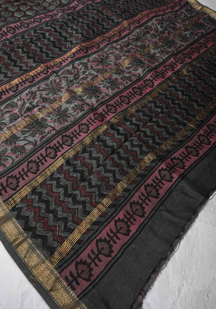 Coco Brown Chanderi Silk Cotton Saree with Floral Hand Block Print and Zari Border