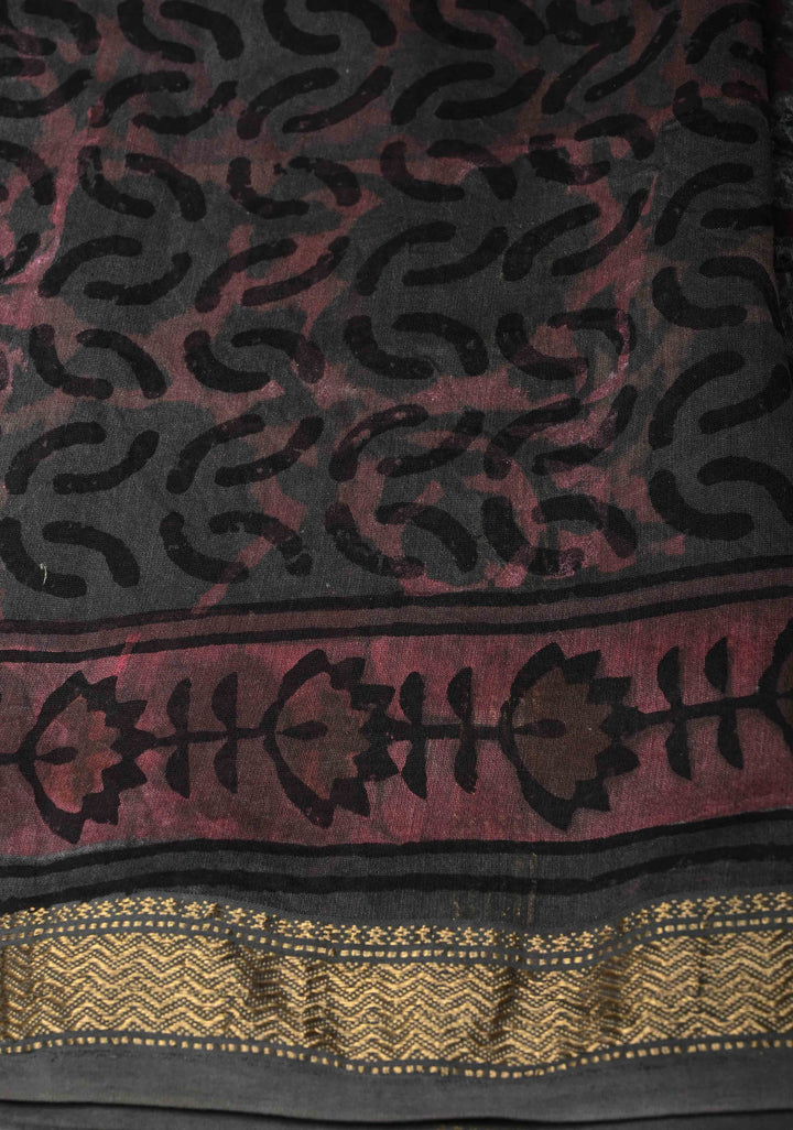 Coco Brown Chanderi Silk Cotton Saree with Floral Hand Block Print and Zari Border