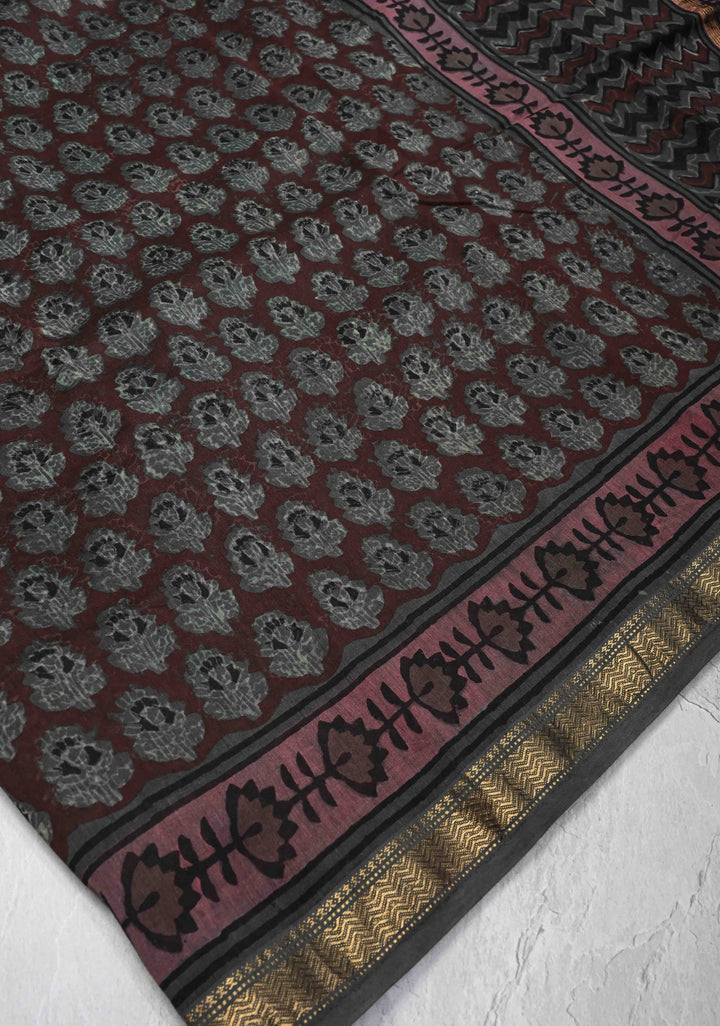 Coco Brown Chanderi Silk Cotton Saree with Floral Hand Block Print and Zari Border