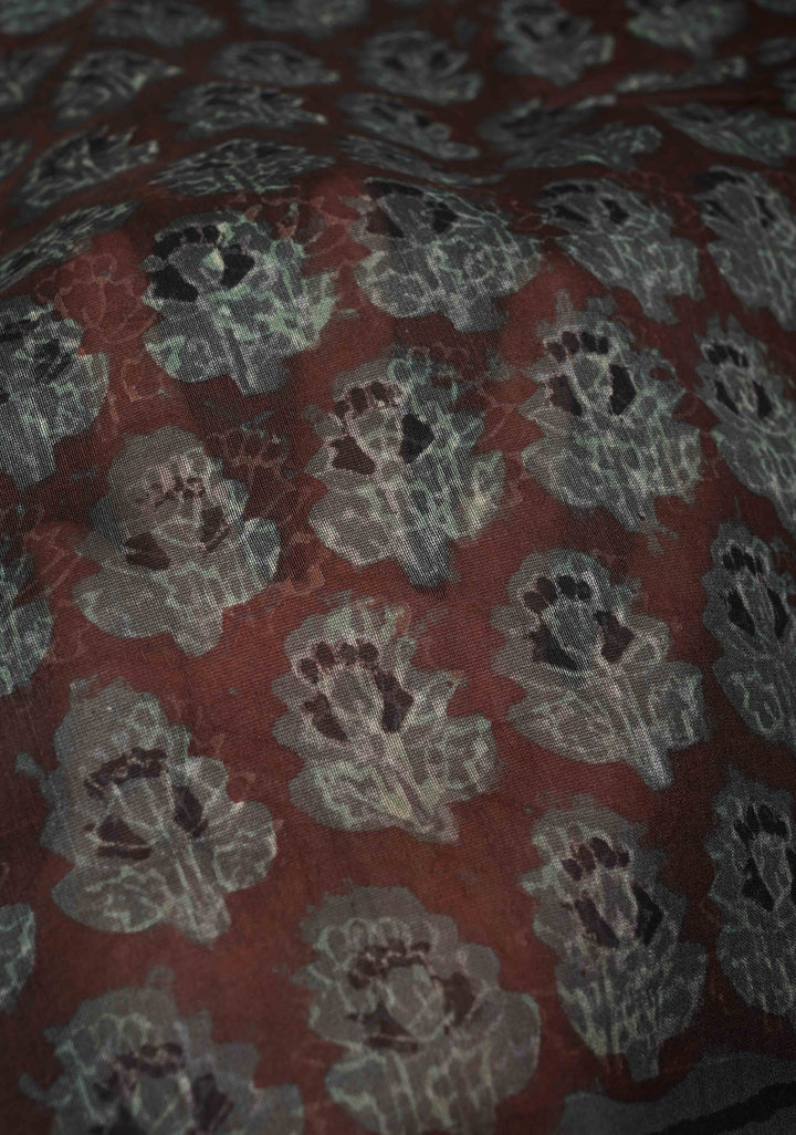 Coco Brown Chanderi Silk Cotton Saree with Floral Hand Block Print and Zari Border