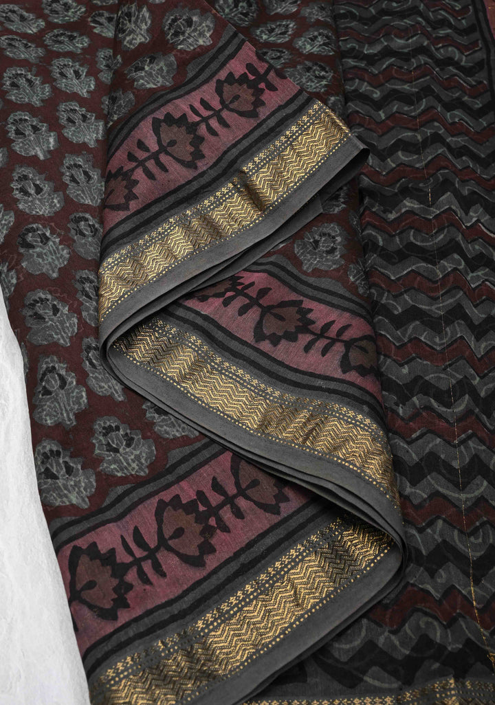 Coco Brown Chanderi Silk Cotton Saree with Floral Hand Block Print and Zari Border
