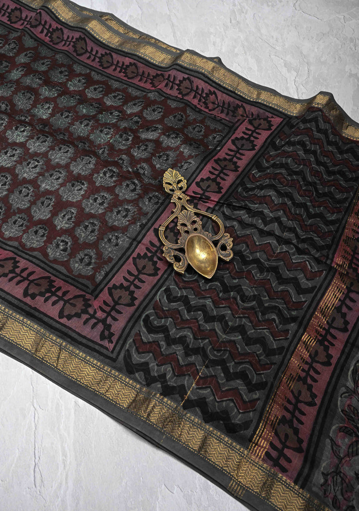Coco Brown Chanderi Silk Cotton Saree with Floral Hand Block Print and Zari Border