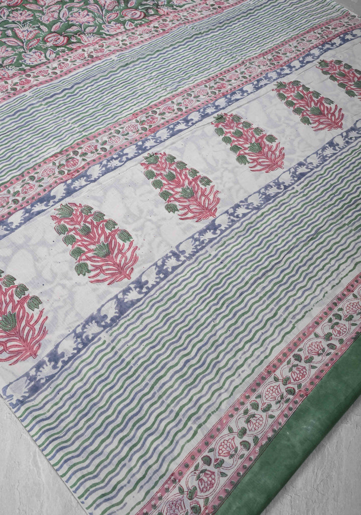 Green Chanderi Cotton Silk Saree with Sanganeri Floral Hand Block Print