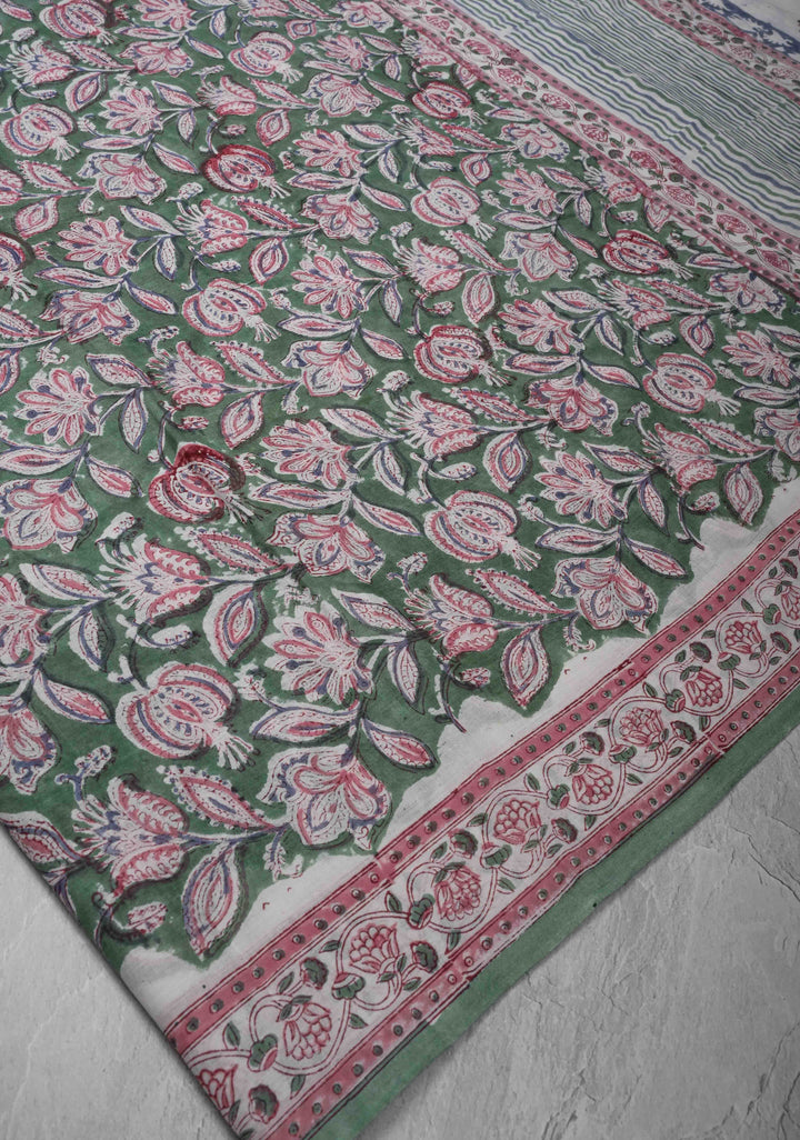 Green Chanderi Cotton Silk Saree with Sanganeri Floral Hand Block Print