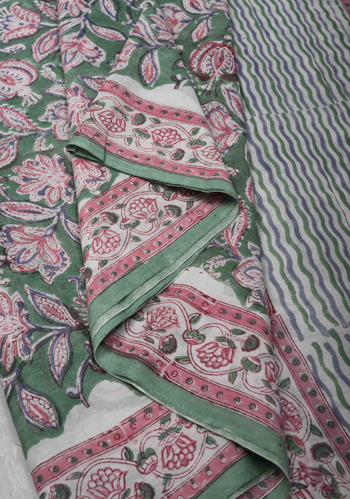 Green Chanderi Cotton Silk Saree with Sanganeri Floral Hand Block Print