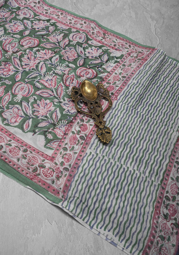 Green Chanderi Cotton Silk Saree with Sanganeri Floral Hand Block Print