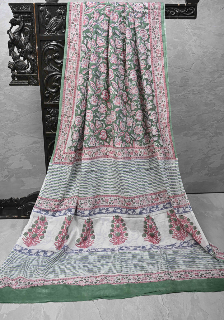 Green Chanderi Cotton Silk Saree with Sanganeri Floral Hand Block Print