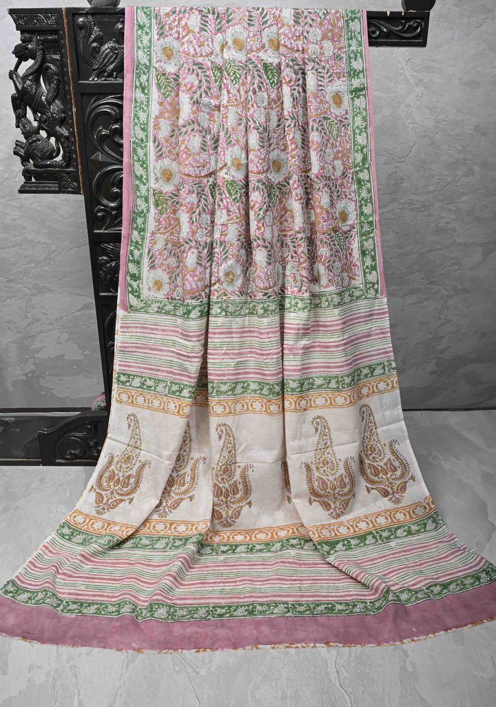 Pink Chanderi Cotton Silk Saree with Sanganeri Floral Hand Block Print