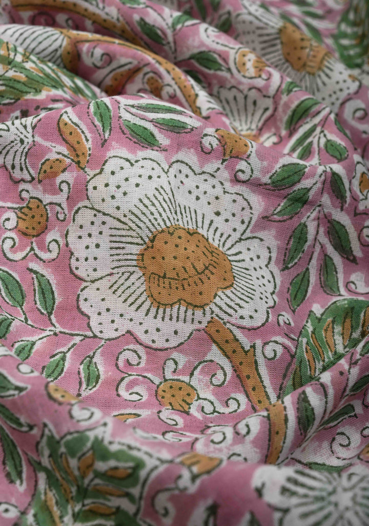 Pink Chanderi Cotton Silk Saree with Sanganeri Floral Hand Block Print