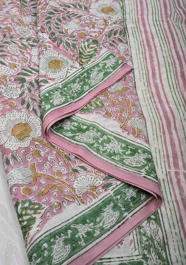 Pink Chanderi Cotton Silk Saree with Sanganeri Floral Hand Block Print